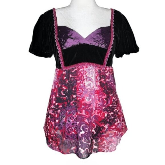 Torrid Size 0 12-14 Black Multi Vintage Bohemian Style Short Puff Sleeve Top - Picture 3 of 8